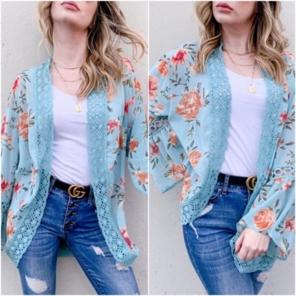 BellanBlue Tops - 023 Bohemian Dusty Blue Floral Print Open Front Lace Kimono Cardigan